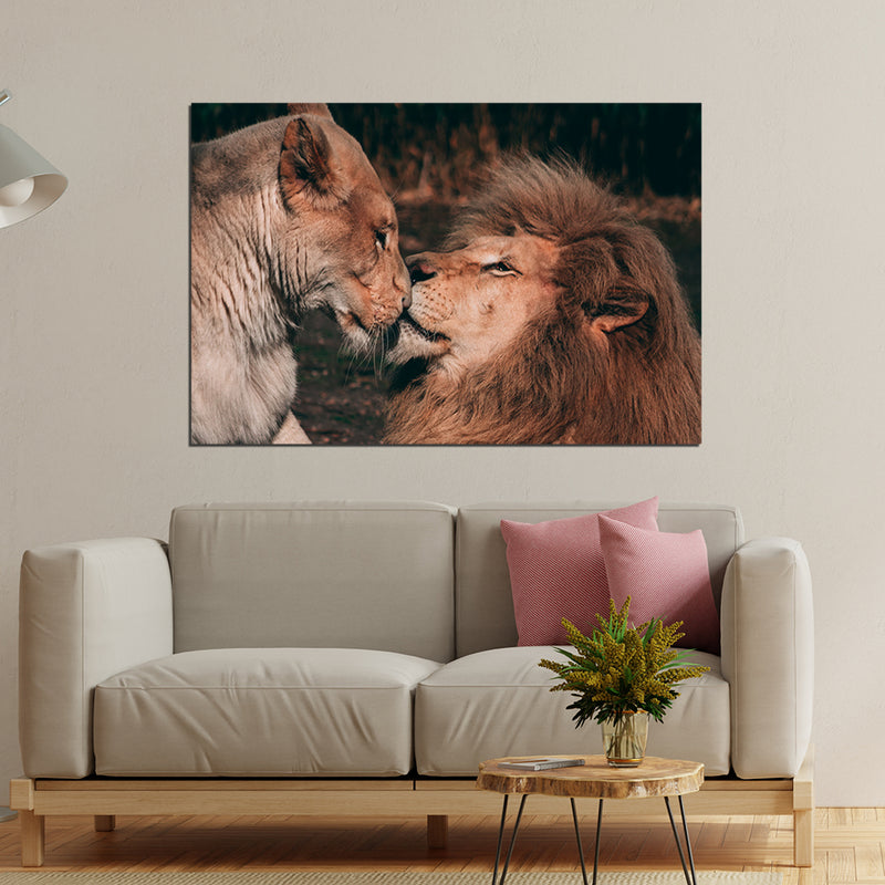 Lion Couple Kissing scene in forest On Canvas Wall Painting