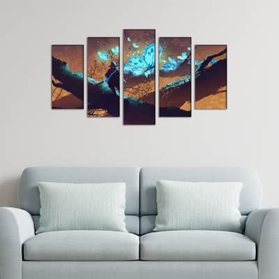 Man Looking at Blue Butterflies Canvas Wall Painting- With 5 Frames