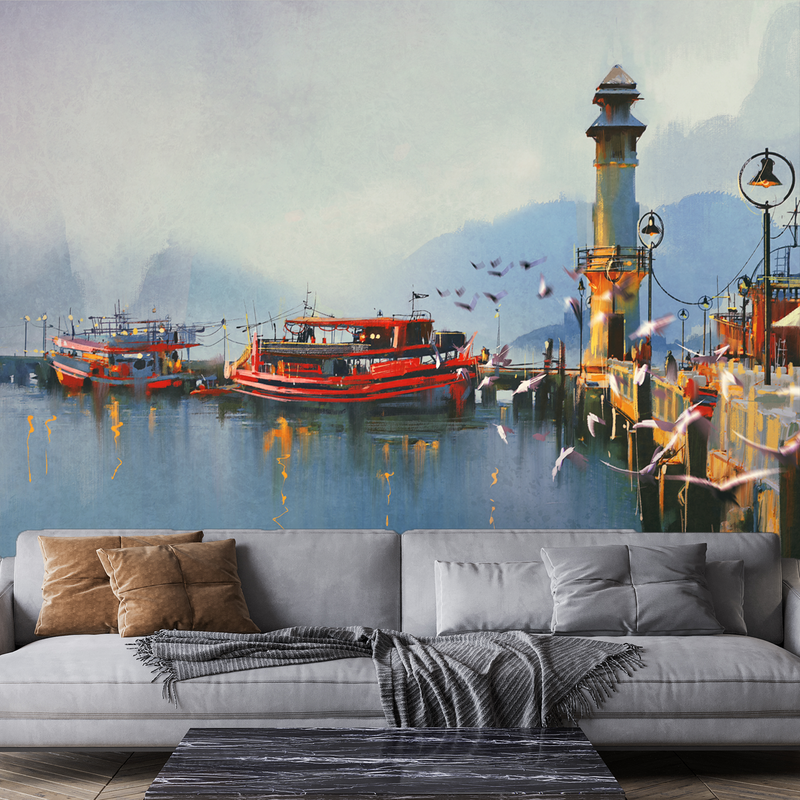 Fishing Boats In Harbor Digitally Printed Wallpaper