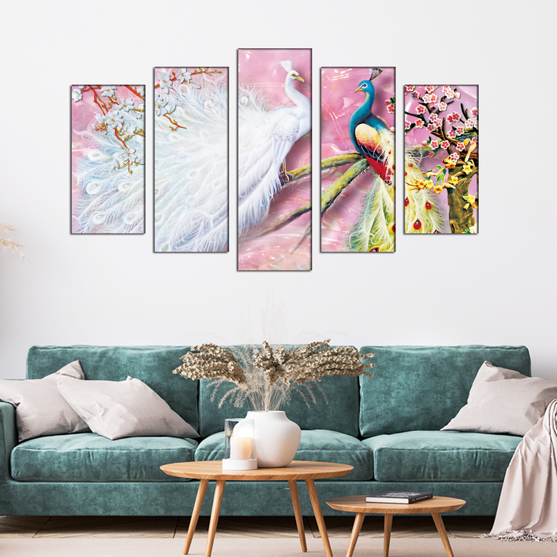Beautiful white & Colored Peacock Canvas Wall Painting- With 5 Frames