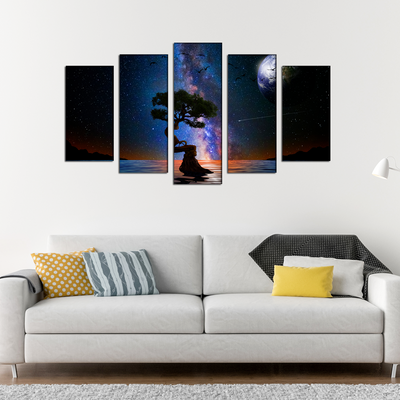 Glittery Night Over The Lake With Tree Canvas Wall Painting- With 5 Frames