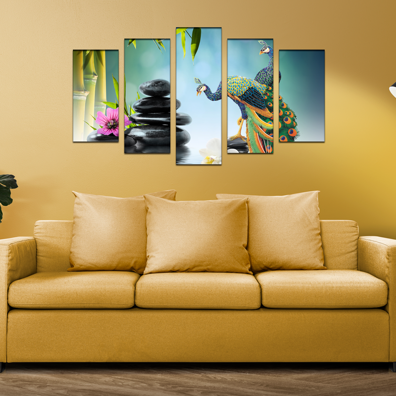 Beautiful Peacock & Water Canvas Wall Painting- With 5 Frames