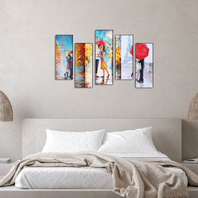 Couple In Rain Canvas Panel Wall Painting - With 5 Frames