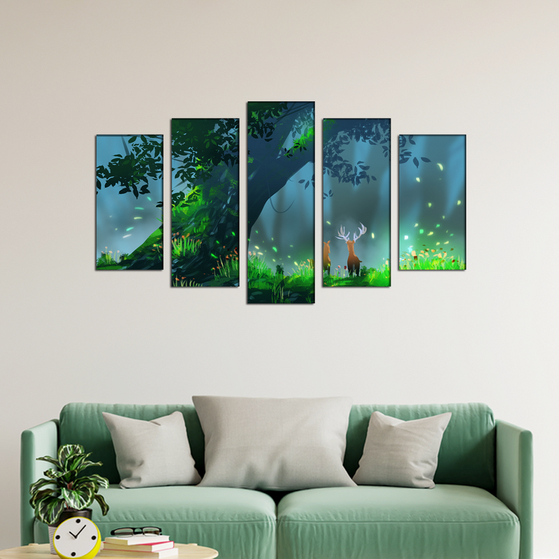 Deer Illustrations Canvas Wall Painting- With 5 Frames