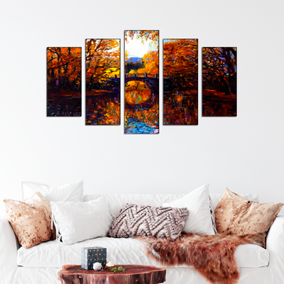 Autumn Forest Abstract Scenery Canvas Wall Painting- With 5 Frames
