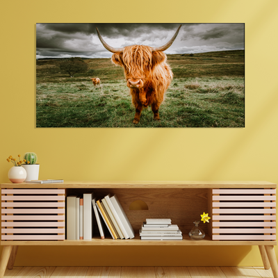 Highland Cattle With Scenic Canvas Wall Painting