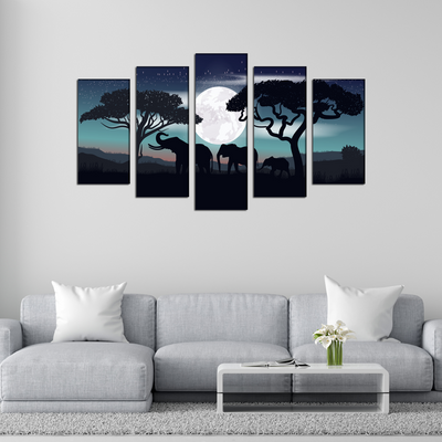 Family of Elephants In Night Canvas Wall Painting- With 5 Frames