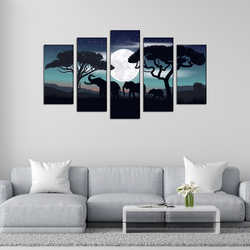 Family of Elephants In Night Canvas Wall Painting- With 5 Frames