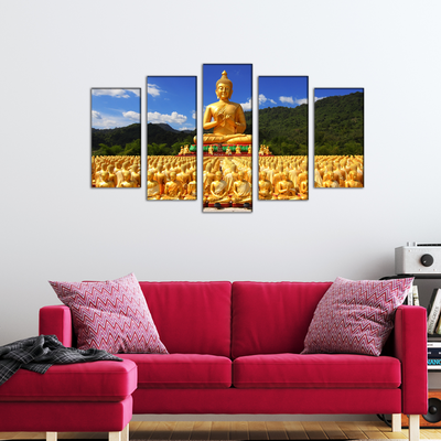 Golden Buddha With Nature Canvas Wall Painting- With 5 Frames