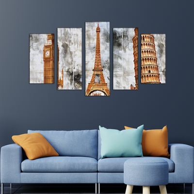 Eiffel Tower, Big Ben And Tower Of Pizzal Canvas Wall Painting- With 5 Frames