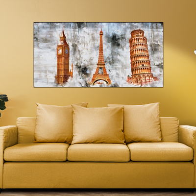 Eiffel Tower, Big Ben And Tower Of Pizzal Canvas Wall Painting