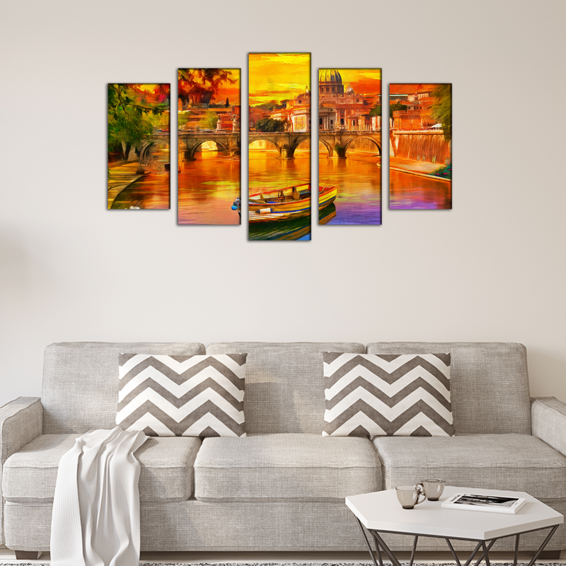 Abstract Lake Scenery Canvas Wall Painting- With 5 Frames