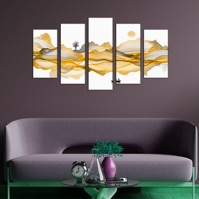 Golden Line Art Canvas Wall Painting- With 5 Frames