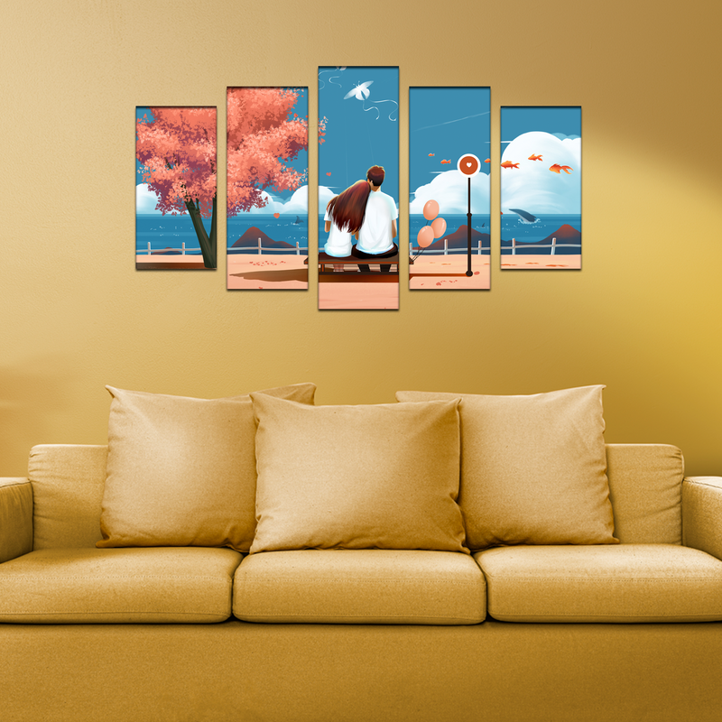Love Couple Seating On Sea Side Illustration Canvas Wall Painting- With 5 Frames