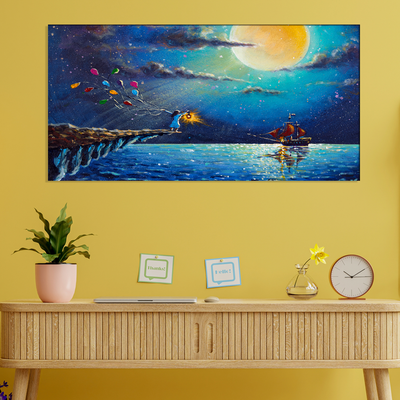 Boat & Girl Artistic Night Scenery Canvas Wall Painting