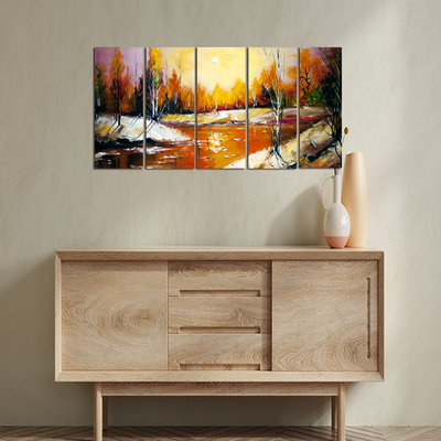 Abstract River View Canvas Wall Painting - With 5 Panel