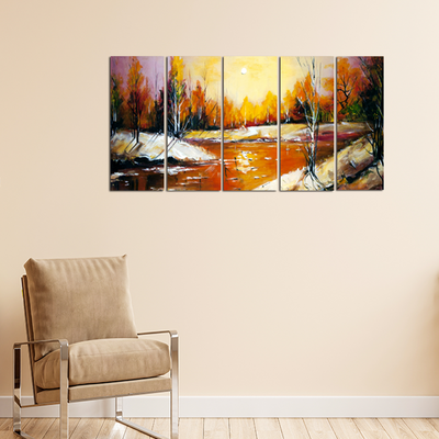 Abstract River View Canvas Wall Painting - With 5 Panel