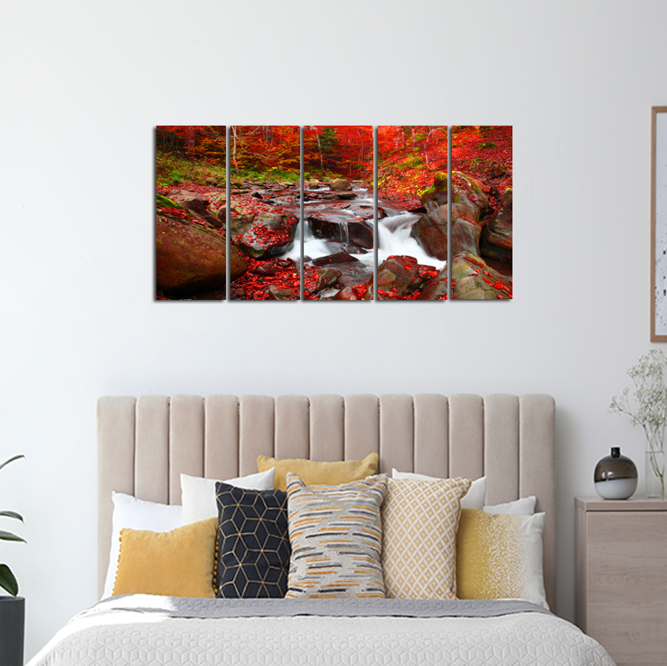 Autumn Waterfall Scenery Canvas Wall Painting - With 5 Panel