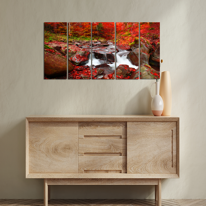 Autumn Waterfall Scenery Canvas Wall Painting - With 5 Panel