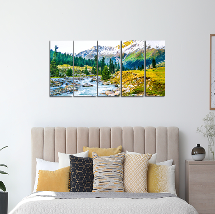 Mountain Tree & Water Scenery Canvas Wall Painting - With 5 Panel