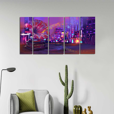 Large Gramophone On Street Abstract Canvas Wall Painting- With 5 Frames