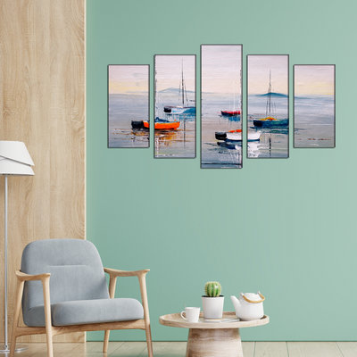 Acrylic Color Boat Abstract Canvas Wall Painting- With 5 Frames