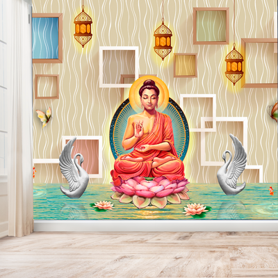 Buddha On Lotus With Swans Painting Non Ovens Wallpapers