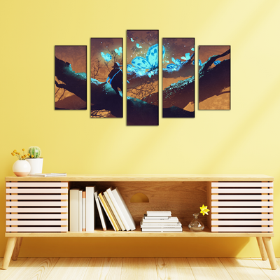 Man Looking at Blue Butterflies Canvas Wall Painting- With 5 Frames