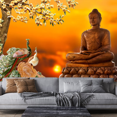 Buddha With Birds Digitally Printed Wallpaper