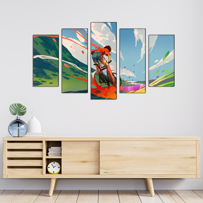 Boy Riding A Bicycle With Energy Canvas Wall Painting- With 5 Frames