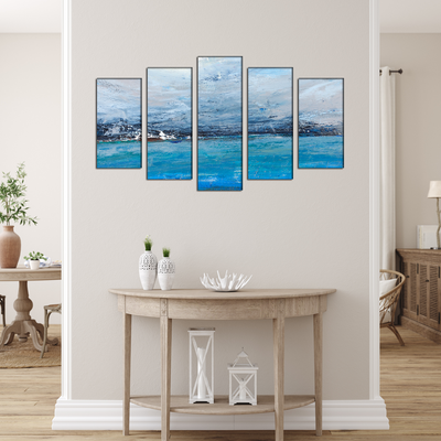 Monochromatic Blue Abstract Canvas Wall Painting - With 5 Frames