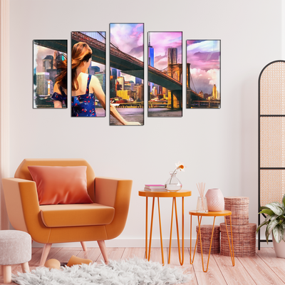 Girl Standing Into Brooklyn Bridge Canvas Wall Painting- With 5 Frames