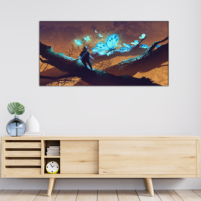 Man Looking at Blue Butterflies Canvas Wall Painting