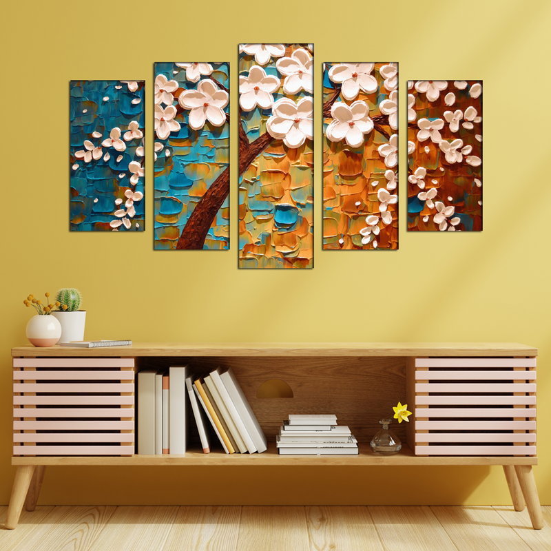 3-D Flower Abstract Wood Framed Canvas Wall Painting- With 5 Frames