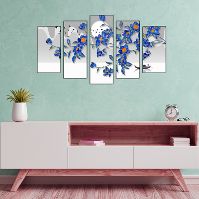 Blue Flowers & Flying Birds Canvas Wall Painting- With 5 Frames
