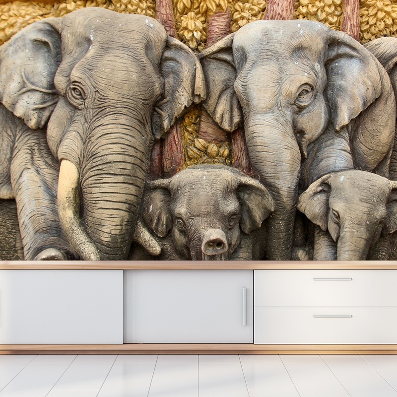 Elephant With Family Digitally Printed Wallpaper
