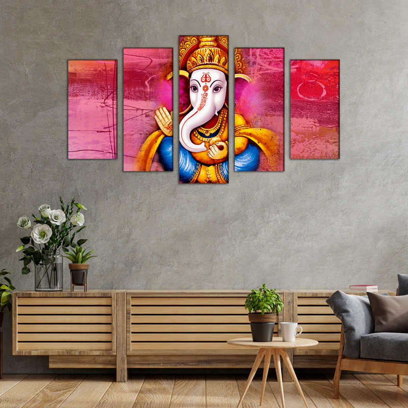 Lord Ganesha With Red Background Canvas Wall Painting- With 5 Frames