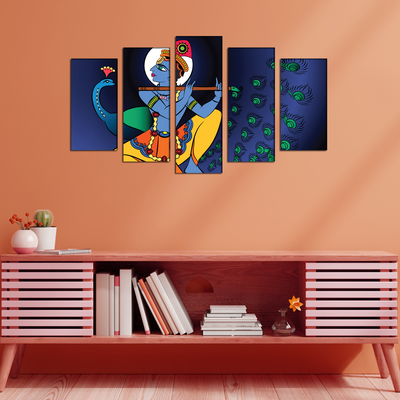 Lord Krishna Modern Art Canvas Wall Painting- With 5 Frames