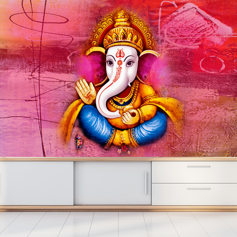 Lord Ganesha With Red Background Digitally Printed Wallpaper