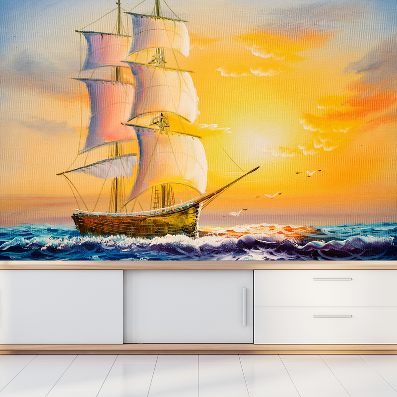 Boat at Sunset Digitally Printed Wallpaper