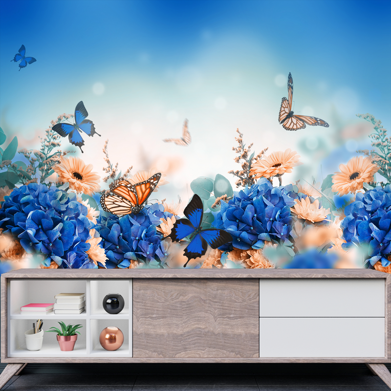 Blue Butterfly With Flower Digitally Printed Wallpaper