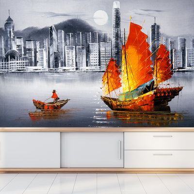 Colorful Boat In Grey Background Digitally Printed Wallpaper