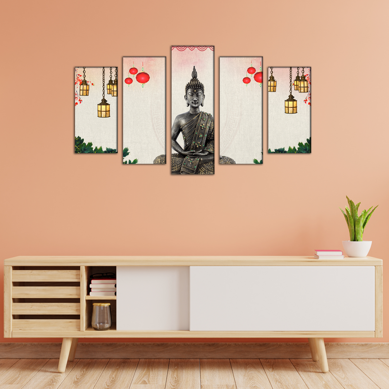 Buddha With Decorative Background Wood Framed Canvas Wall Painting- With 5 Frames