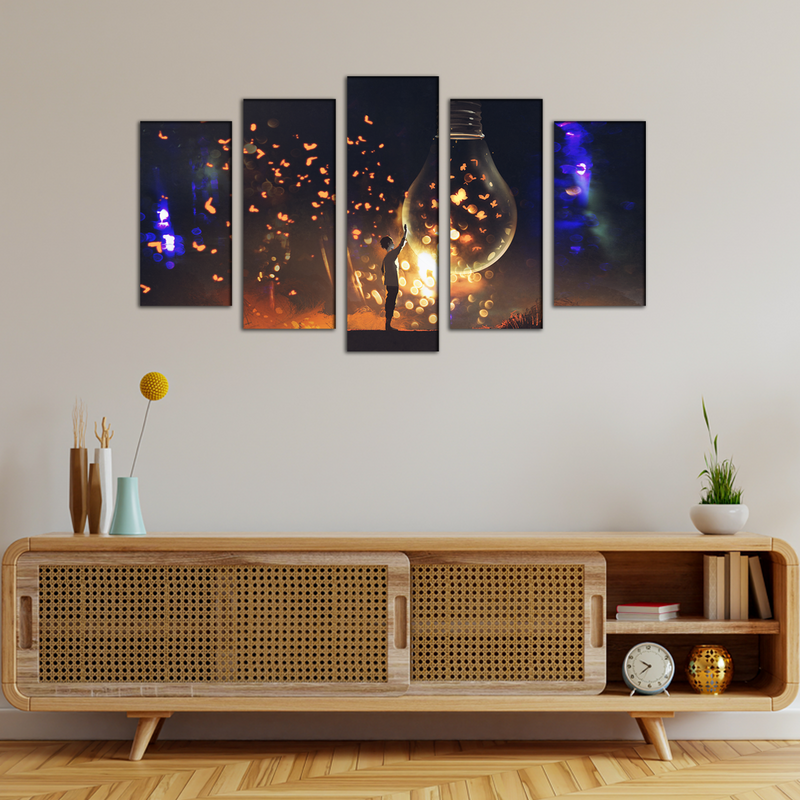 Man With Glowing Big Bulb Canvas Wall Painting- With 5 Frames