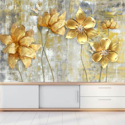 Golden Flower Digitally Printed Wallpaper