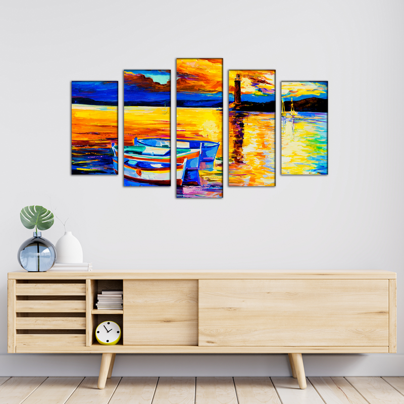 Beautiful Sunset View Canvas Wall Painting- With 5 Frames
