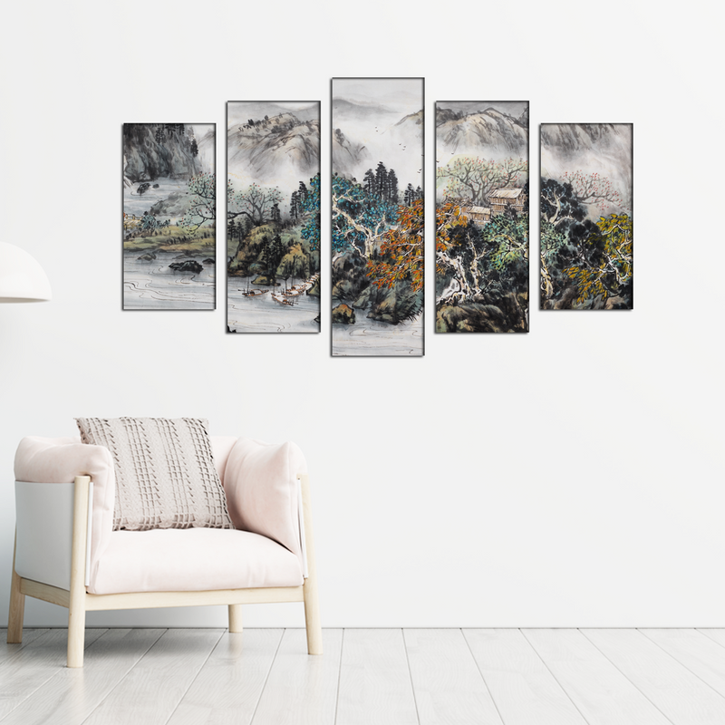 Mountain And Water Abstract Art Canvas Wall Painting- With 5 Frames