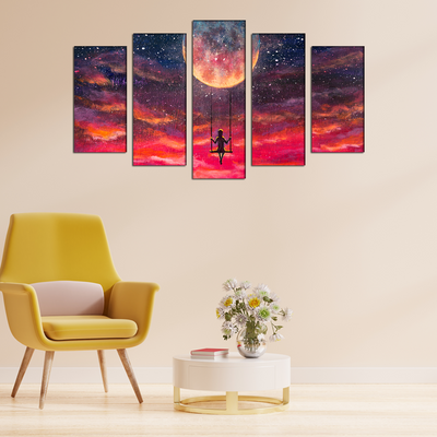 Red Sky With Moon Canvas Wall Painting- With 5 Frames