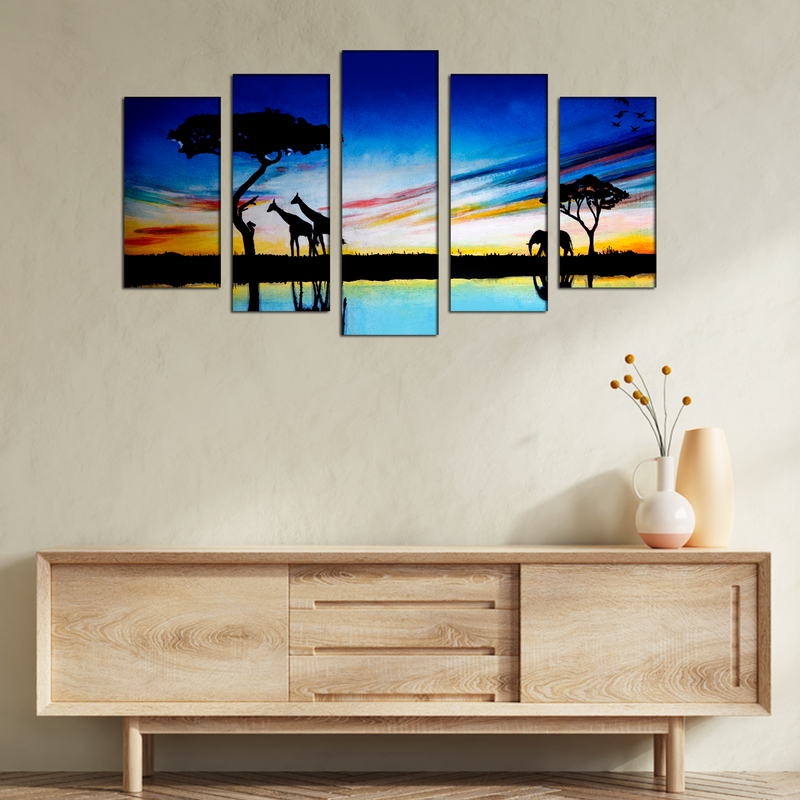 Elephants & Giraffes Oil painting Canvas Wall Painting- With 5 Frames