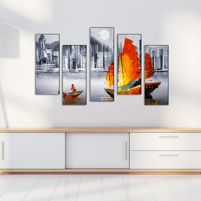 Colorful Boat In Grey Background Canvas Wall Painting - With 5 Frames